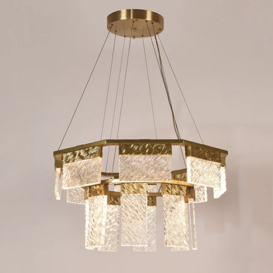 Aimee 2-Tier Round LED Down-light Glass Chandelier,chandelier,chandeliers,round,ring,round ring,circle,ceiling,gold,crystal,tiers,layers,metal,living room,dining room,bedroom,foyer,hallway,entrys,home office