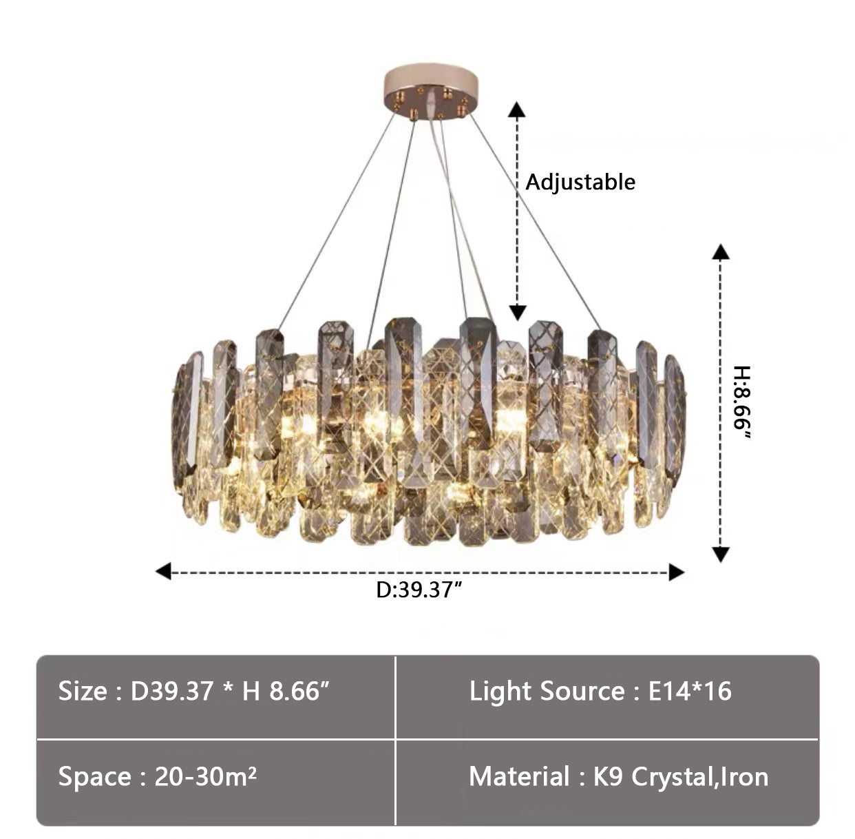 Modern Smoke Gray Crystal Chandelier Gleamy Pendant Light Fixture for Living/ Dining Room/ Bedroom/ Home Office