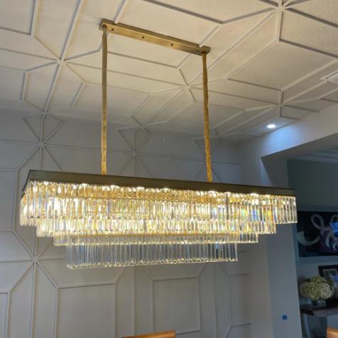 Ather 3-Tier Odeon Rectangular Fringe Crystal Chandelier，chandelier,chandeliers,crystal,metal,gold,black,rectangle,tiers,layers,multi-tier,multi-layer,ceiling,flush mount,luxury,modern,traditional,classic,dining table,long table,dining room,living room,kitchen island,bar