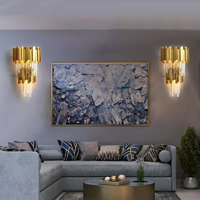 Tiered Gold Chandelier With Rectangle-Cut Crystal Modern LED Hanging Light
