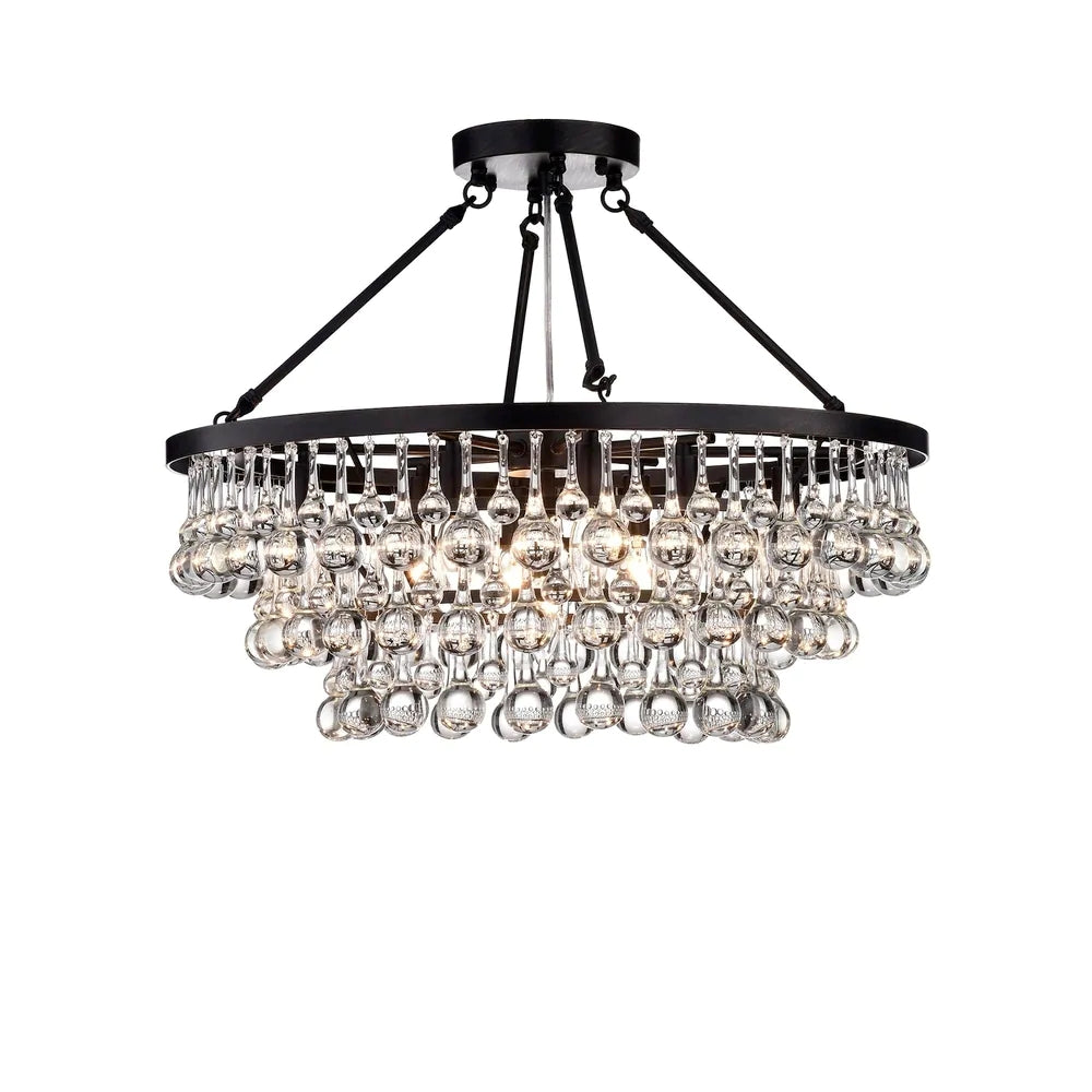 8 Lights Black Finish Iron Semi Flush Mount Light Fixture Round Crystal Drops Ceiling Chandelier For Living Room