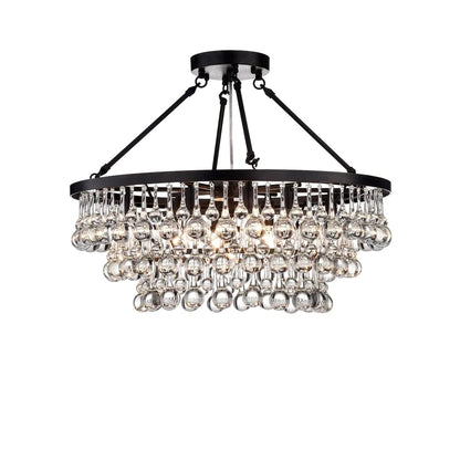 8 Lights Black Finish Iron Semi Flush Mount Light Fixture Round Crystal Drops Ceiling Chandelier For Living Room