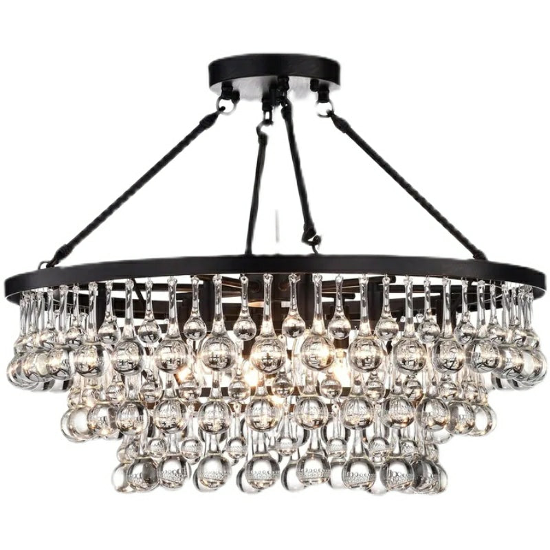 8 Lights Black Finish Iron Semi Flush Mount Light Fixture Round Crystal Drops Ceiling Chandelier For Living Room