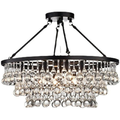 8 Lights Black Finish Iron Semi Flush Mount Light Fixture Round Crystal Drops Ceiling Chandelier For Living Room