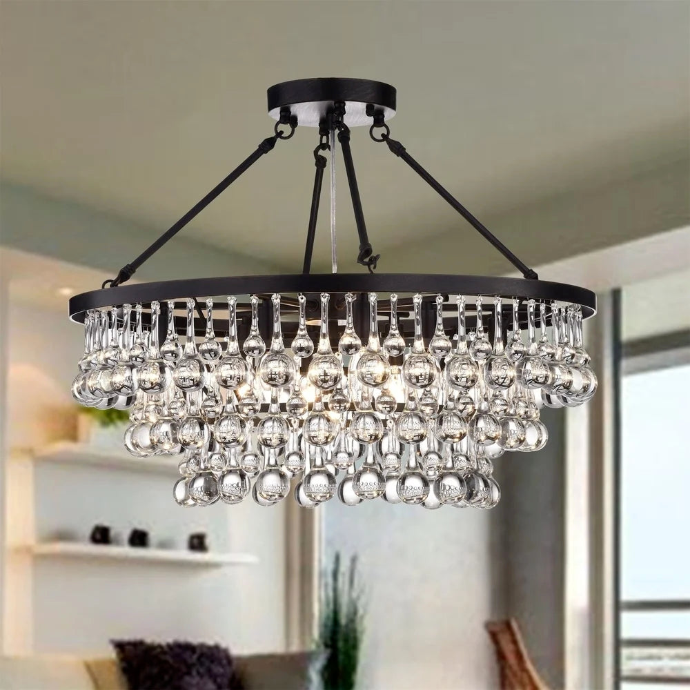 8LightsBlackFinishIronSemiFlushMountLightFixtureRoundCrystalDropsCeilingChandelierForLivingRoomD23.6"*H19.7"