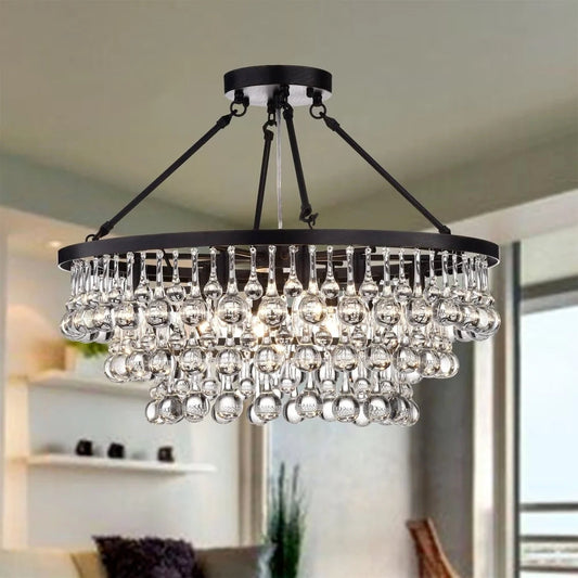 8LightsBlackFinishIronSemiFlushMountLightFixtureRoundCrystalDropsCeilingChandelierForLivingRoomD23.6"*H19.7"
