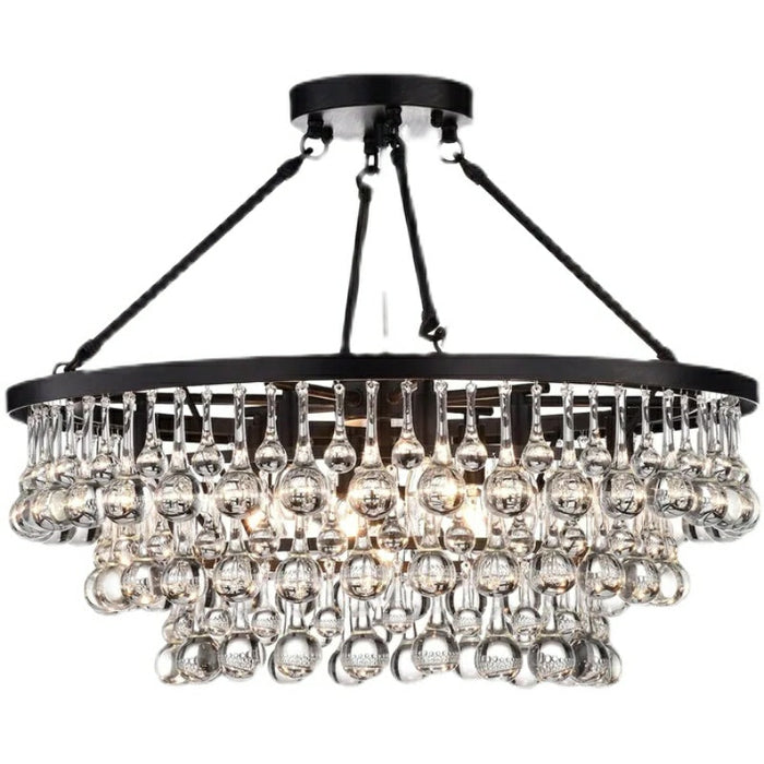 8 Lights Black Finish Iron Semi Flush Mount Light Fixture Round Crystal Drops Ceiling Chandelier For Living Room