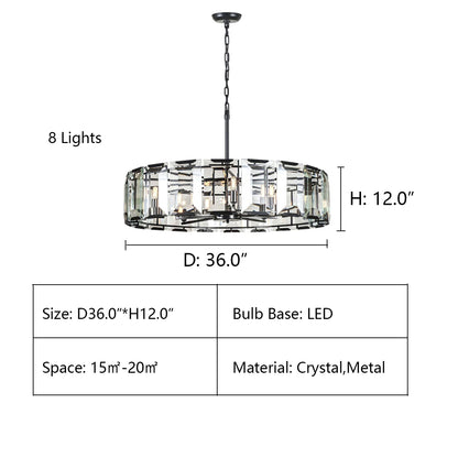 8Lights: D36.0"*H12.0" Tundra Prysm Crystal Round Chandelier ,chandelier,chandeliers,round,ring,circle,branch,candle,metal,crystal,rods,black,clear crystal,ceiling,living room,dining room,bedroom,home office,foyer,hallway,entrys,modern,minimalist