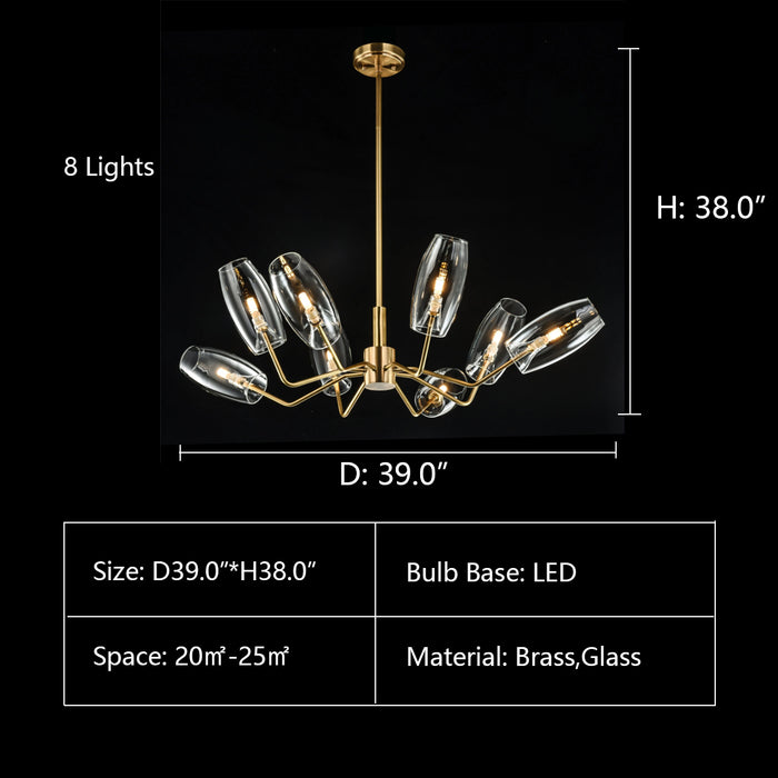 8Lights: D39.0"*H38.0" Amira Branching Glass Globe Chandelier,chandelier,chandeliers,glass,brass,gold,blacke,clear,smoke,cup,branch,ceiling,living room,dining room,home office,bar