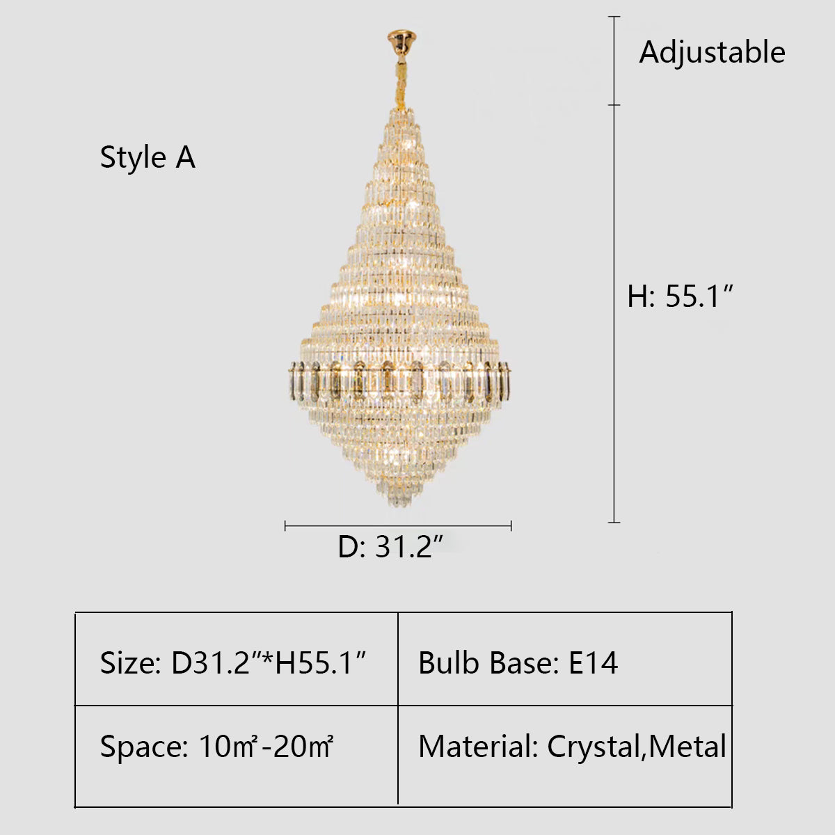 A Style: D31.2"*H55.1" crystal,metal,chandeleir,chandeliers,pendant,empire,crystal,layers,tiers,round,living room,dining room,foyer,entrys,stairs,hallway, big hallway,oversized,large,big,huge