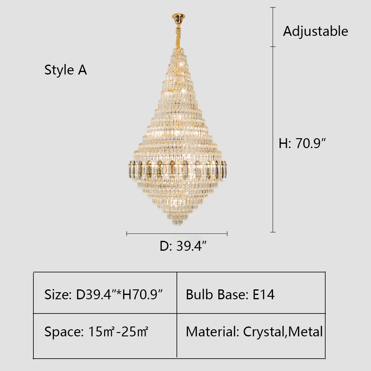 A Style: D39.4"*H70.9" crystal,metal,chandeleir,chandeliers,pendant,empire,crystal,layers,tiers,round,living room,dining room,foyer,entrys,stairs,hallway, big hallway,oversized,large,big,huge