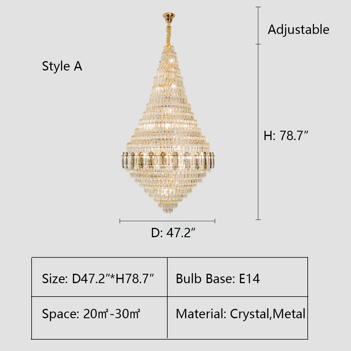 A Style: D47.2"*H78.7" crystal,metal,chandeleir,chandeliers,pendant,empire,crystal,layers,tiers,round,living room,dining room,foyer,entrys,stairs,hallway, big hallway,oversized,large,big,huge