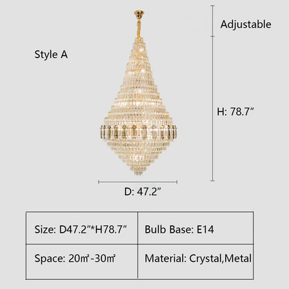 A Style: D47.2"*H78.7" crystal,metal,chandeleir,chandeliers,pendant,empire,crystal,layers,tiers,round,living room,dining room,foyer,entrys,stairs,hallway, big hallway,oversized,large,big,huge