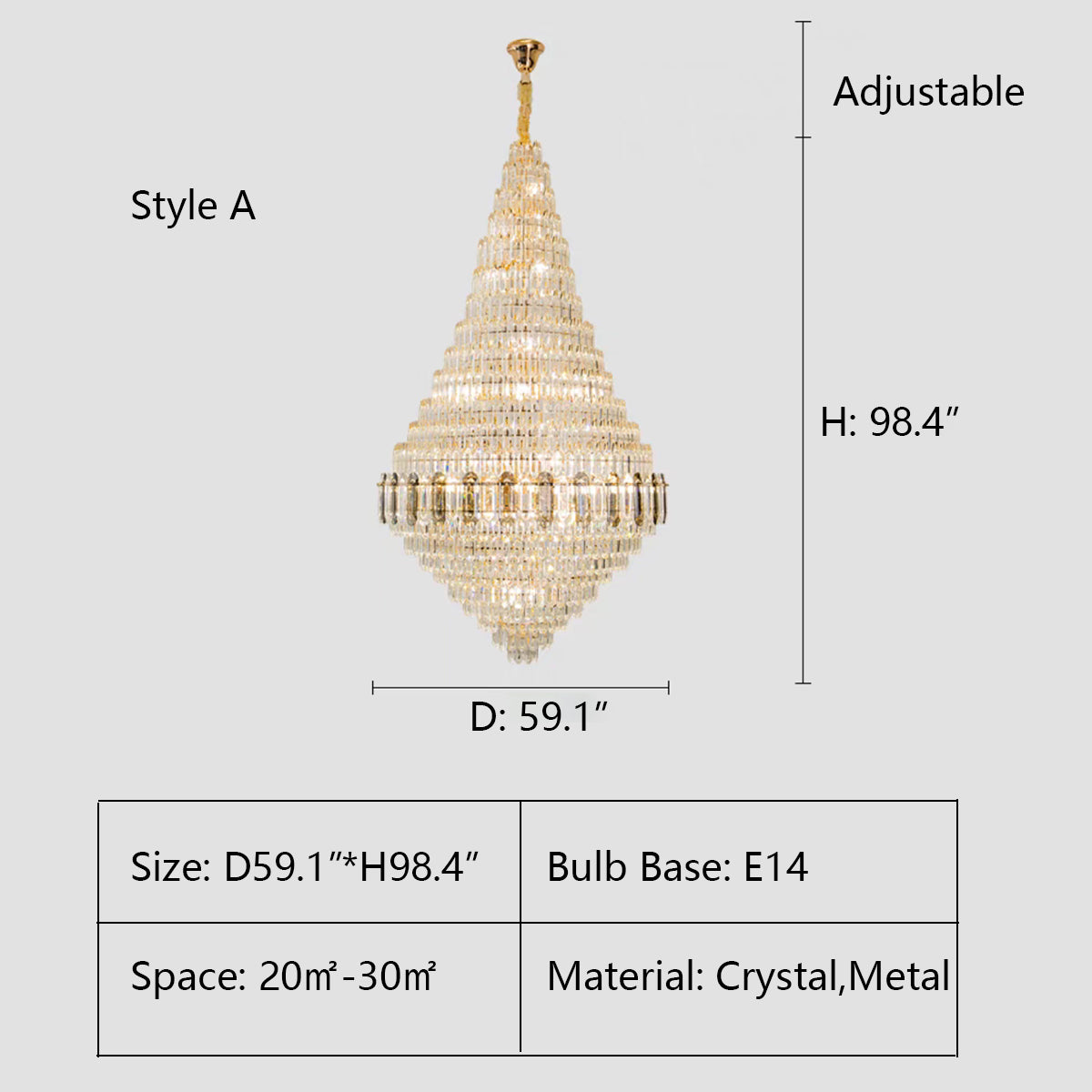 A Style: D59.1"*H98.4" crystal,metal,chandeleir,chandeliers,pendant,empire,crystal,layers,tiers,round,living room,dining room,foyer,entrys,stairs,hallway, big hallway,oversized,large,big,huge