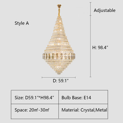 A Style: D59.1"*H98.4" crystal,metal,chandeleir,chandeliers,pendant,empire,crystal,layers,tiers,round,living room,dining room,foyer,entrys,stairs,hallway, big hallway,oversized,large,big,huge