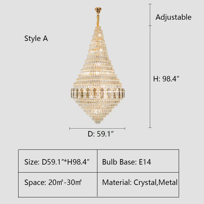 A Style: D59.1"*H98.4" crystal,metal,chandeleir,chandeliers,pendant,empire,crystal,layers,tiers,round,living room,dining room,foyer,entrys,stairs,hallway, big hallway,oversized,large,big,huge