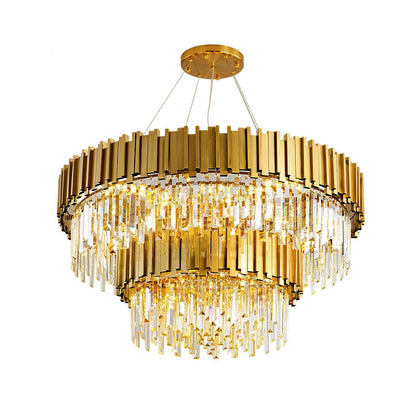 Tiered Gold Chandelier With Rectangle-Cut Crystal Modern LED Hanging Light