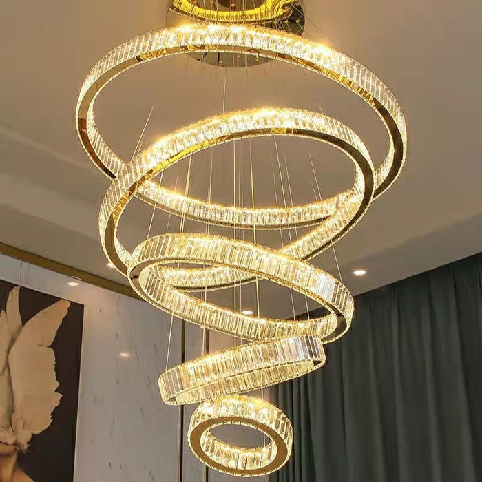 Extra Large Modern Front Entryway Luxurious Chandelier 5 Rings Crystal Gold/ Chrome Finish Ceiling Lamp For Hotel Hallway Entrance Living room