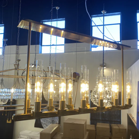 Pieli Industrial Linear Glass Shade Chandelier,chandelier,chandeliers,candle,glass,metal,glass shade,rectangle,flush mount,ceiling,long,gold,chrome,black,dining room,kitchen island,bar,dining table,dining bar,kitchen bar