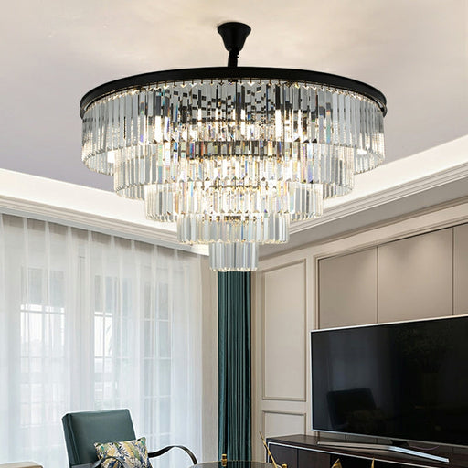 BlackFinishIronCakeLayersShapeCrystalChandelierRoundLivingRoomCeilingLightFixture5tiersD31.5"