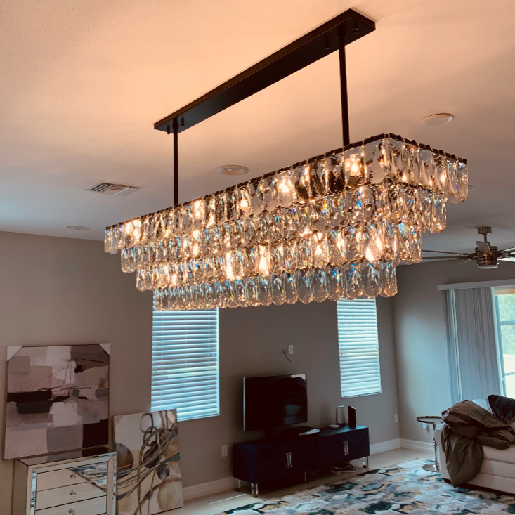 ABRIELLE CRYSTAL RECTANGULAR CHANDELIER,chandelier,chandeliers,pendant,dining room,dining table,long table,big table,kitchen island,living room,bar,kitchen bar,crystal,metal,luxury