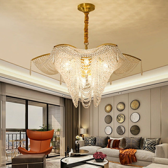 Decorative Beaded Crystal Brass Chandelier Elegant Ceiling Light Fixture For Living Room/ Bedroom