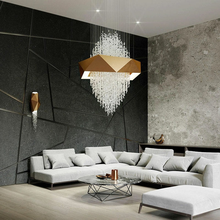Duplex Living Room Crystal Pendant Chandelier Luxury Hotel Entryway Ceiling Light Fixture In Gold Finish
