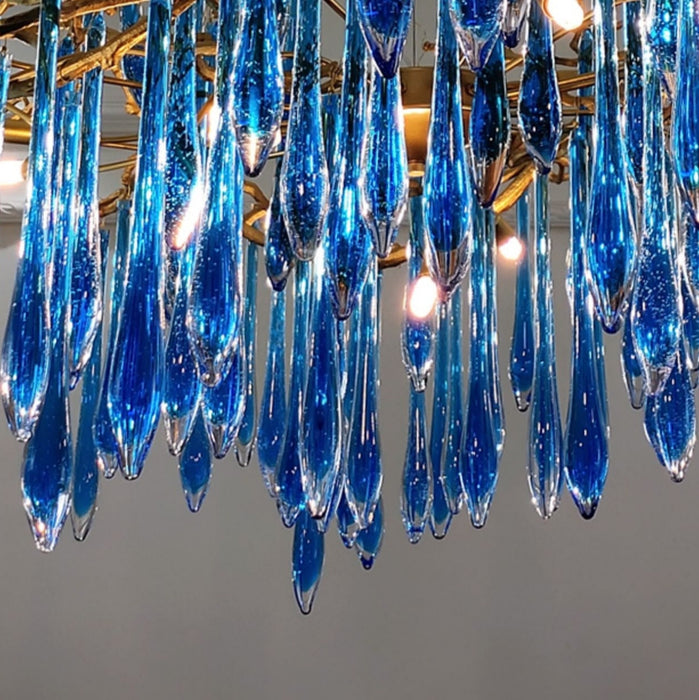 Elegant Blue Crystal Drops Chandelier Brass Branch Style Pendant Light For Living/ Dining Room