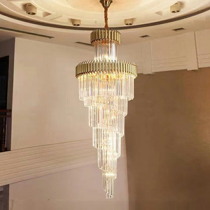 Oversized Customization Vertical Long Crystal 2 Story Foyer Hallway Chandelier Spiral Staircase High Ceiling Lighting Fixture In Black/ Gold Finish