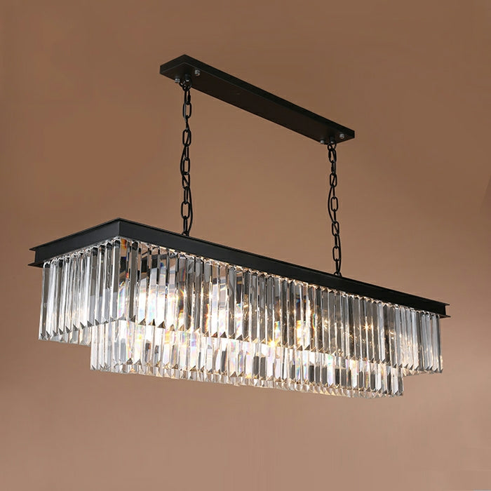 FashionKitchenIslandCrystalChandelierInBlack_SmokyGrayFinishTwoTiersRectangleChainPendantLight_LampForLongL47.2"*W11.8"*H10.6"/ 12W*15Lights