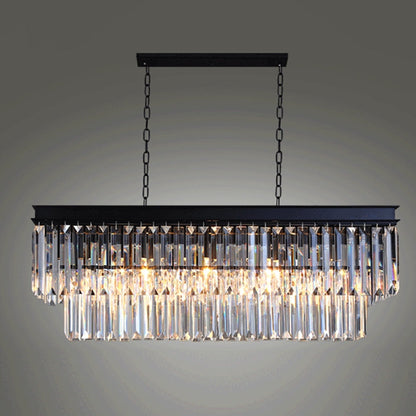 Fashion Kitchen Island Crystal Chandelier In Black/ Smoky Gray Finish Two Tiers Rectangle Chain Pendant Light/ Lamp For Long Dining Table
