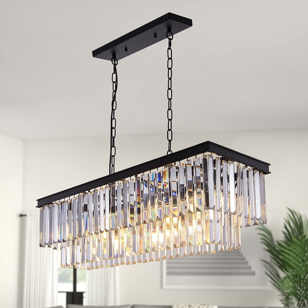 FashionKitchenIslandCrystalChandelierInBlack_SmokyGrayFinishTwoTiersRectangleChainPendantLight_LampForLongDiningTableL39.4"*W11.8"*H10.6"/ 12W*13Lights