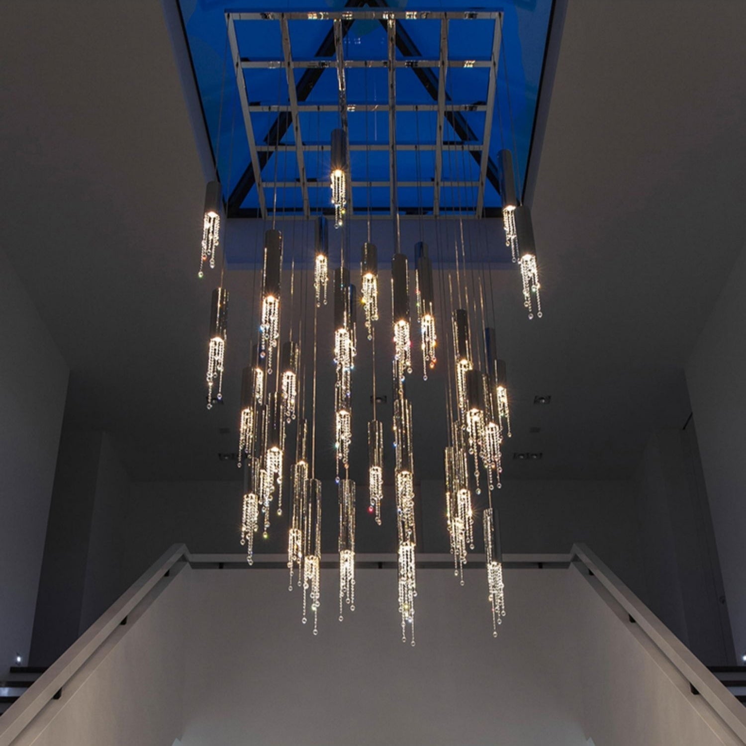 Foyer Staircase Chrome Ceiling Light Fixture Silver Crystal Pendant Chandelier For Hallway Entrance