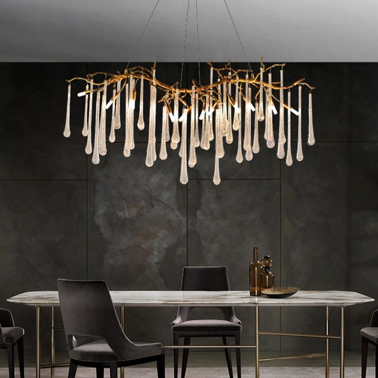 French Style Living Room Branch Crystal Drops Chandelier Modern Copper Gold Finish Dining Room Ceiling Lighting Fixture