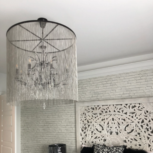 VAILE CHAIN LINK CURTAIN CRYSTAL 12-LIGHT 32" CRYSTAL CHANDELIER,chandelier,chandeliers,pendant,crystal,iron,tassel,curtain,candle,crystal pendnat,branch,round,circle,raindrop,teardrop,chrome,silver,bedroom,dining room,living roo,foyer,entrys