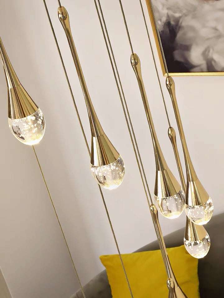 Extra Length Modern Crystal Waterdrops Chandelier Foyer Staircase Hotel High Ceiling Sloped Ceiling Lamp Entryway  Raindrop Lighting
