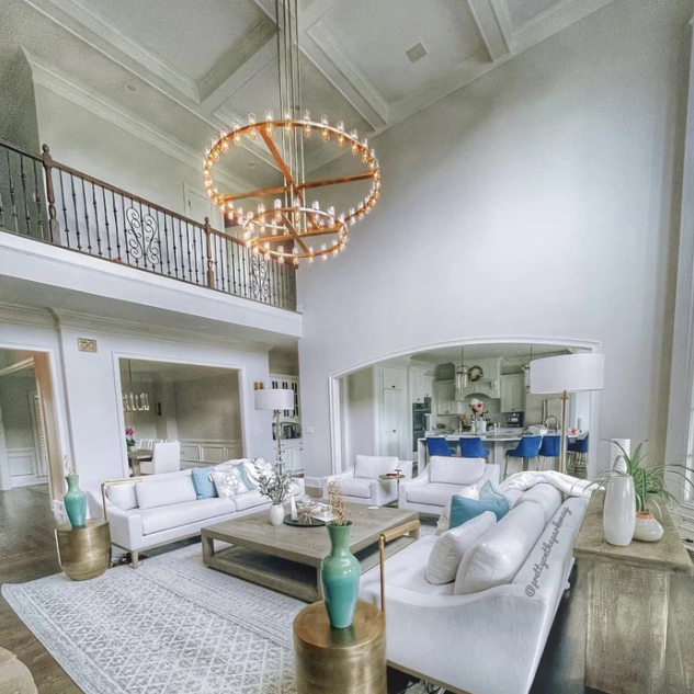 Oversized Round 2 Layers Crystal Pendant Brass Rings Chandelier for Foyer/Living/Dining Room