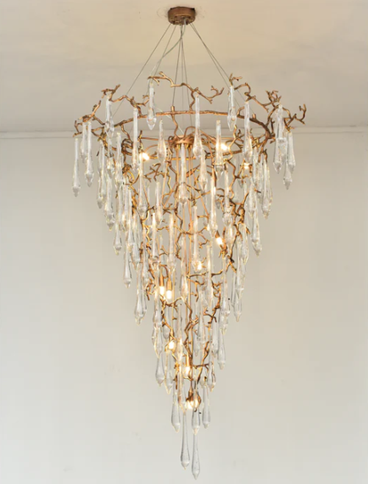 Extra Large Light Luxury Brass Branch Teardrop Crystal Pendant Chandelier for Living Room/Foyer/Entrys