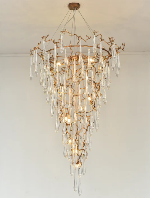 Extra Large Light Luxury Brass Branch Teardrop Crystal Pendant Chandelier for Living Room/Foyer/Entrys