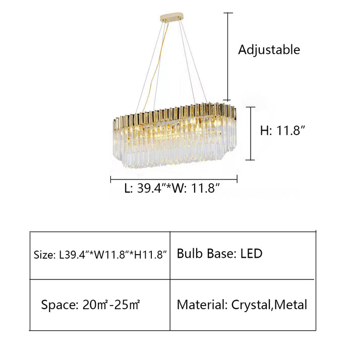 Rectangle: L39.4"*W11.8"*H11.8" chandelier,chandeliers,crystal,metal,clear crystal,gold metal,branch,multi-tier,tiers,ceiling,living room,dining room,overswized,round,rectangle,oval