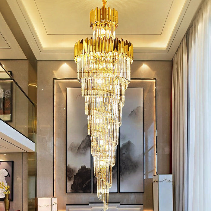 Luxury Gold Trimmed Long Crystal Chandelier Foyer Staircase Extra Large Ceiling Light Fixture
