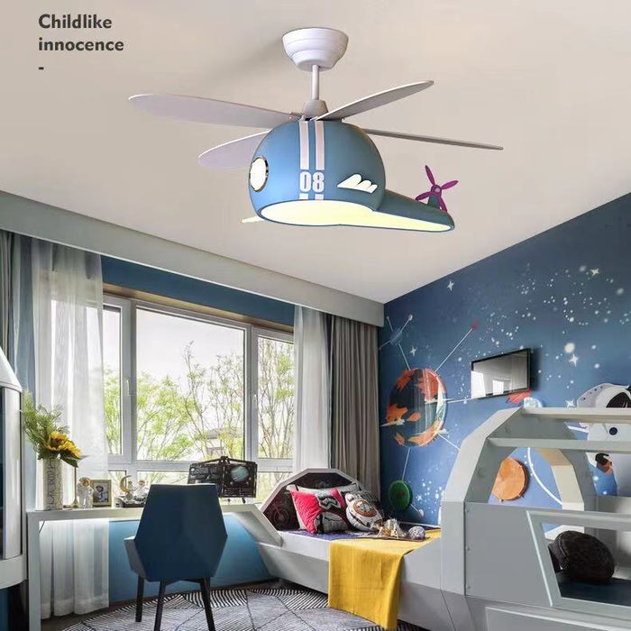 Macaron Children’s Airplane Fan Light Creative Cartoon Helicopter Ceiling Fan Bedroom Lamp
