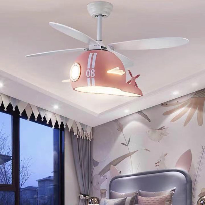 Macaron Children’s Airplane Fan Light Creative Cartoon Helicopter Ceiling Fan Bedroom Lamp