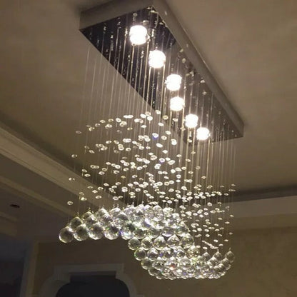 Modern Chrome Rectangle Dining Table Ceiling Chandelier Wave Crystal Ball Drops Hanging Pendant Light