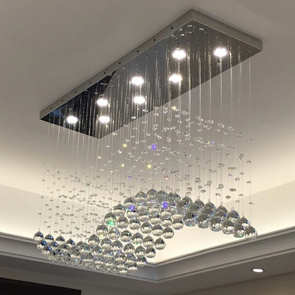 Modern Chrome Rectangle Dining Table Ceiling Chandelier Wave Crystal Ball Drops Hanging Pendant Light