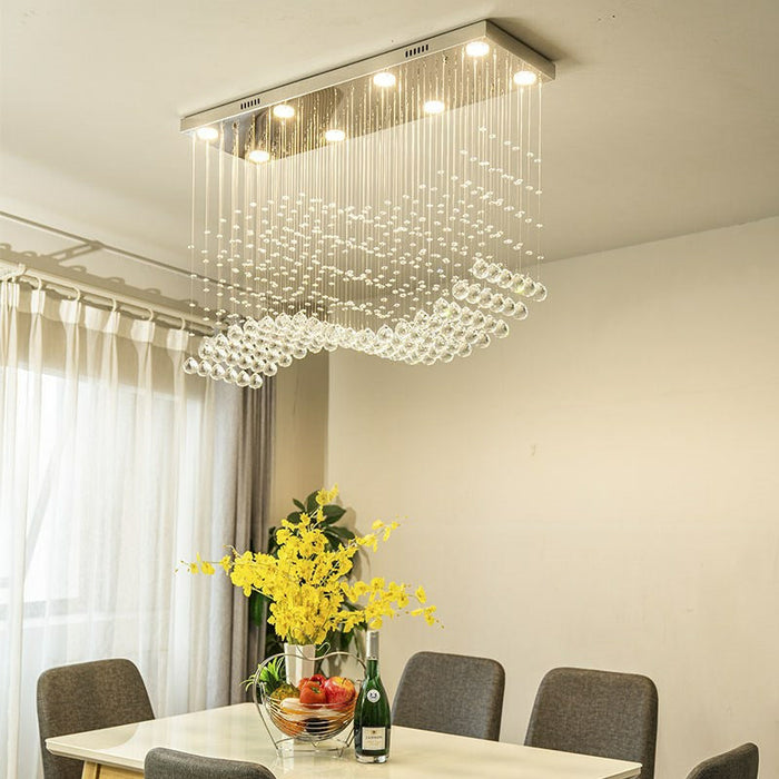 Modern Chrome Rectangle Dining Table Ceiling Chandelier Wave Crystal Ball Drops Hanging Pendant Light