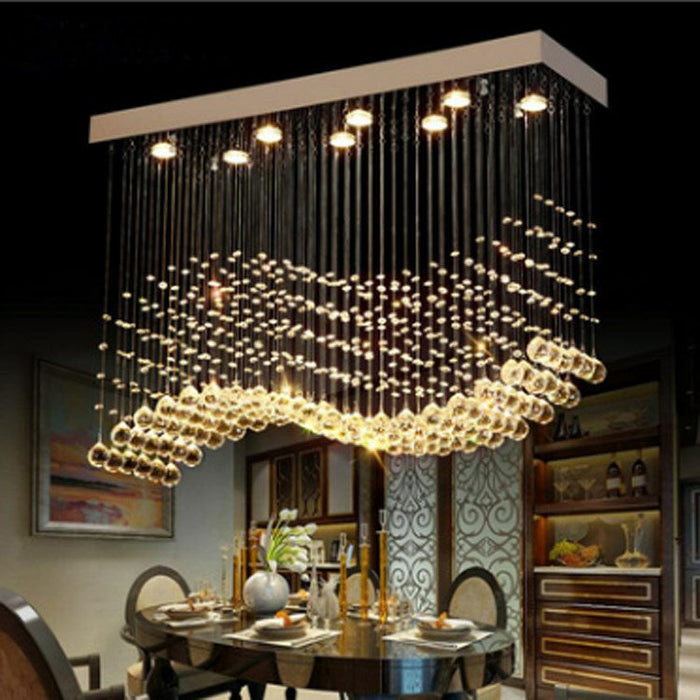 Modern Chrome Rectangle Dining Table Ceiling Chandelier Wave Crystal Ball Drops Hanging Pendant Light