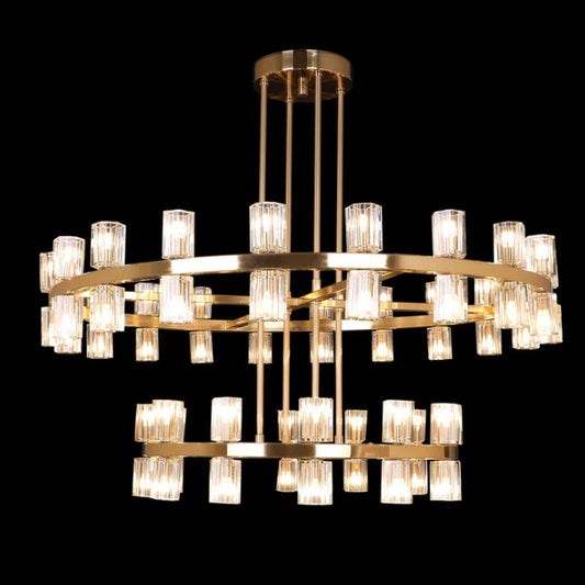 Lustre rond surdimensionné à deux niveaux avec anneaux en laiton et cristal pour hall d'entrée, salon ou salle à manger