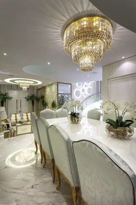 Flush Mount Modern Luxury 3-Tier Gold Round Crystal Chandelier for Living/Dining Room