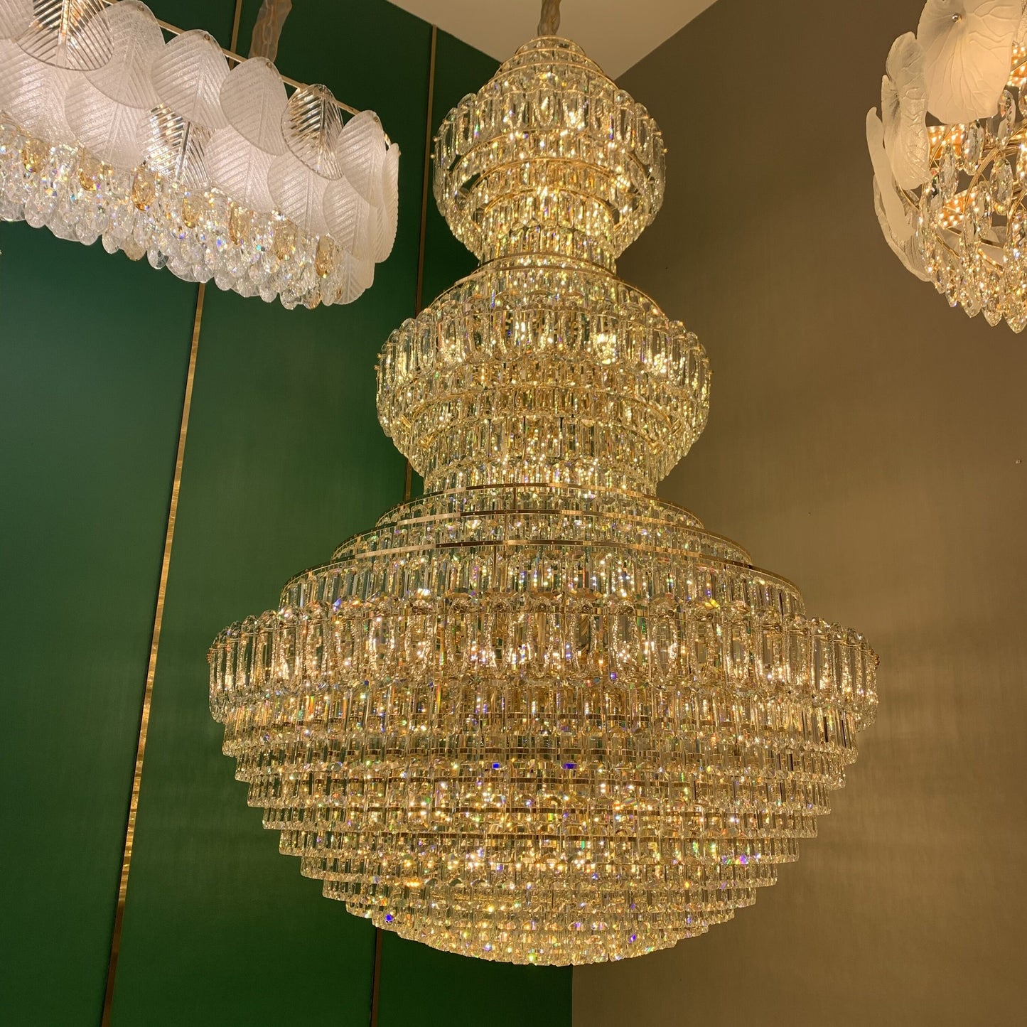 Golden Era Grand Cascade Fountain Clear Crystal Chandelier for High-ceiling